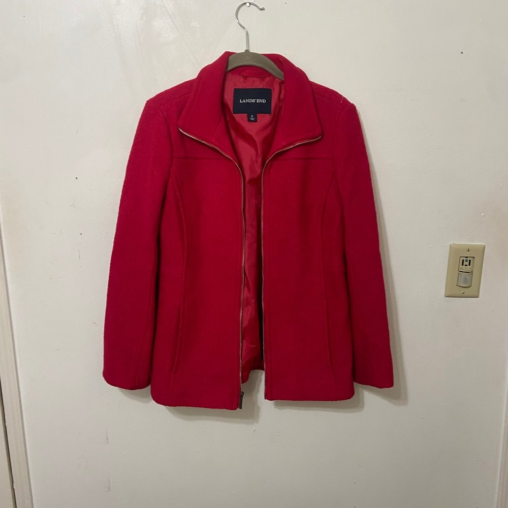 Lands End Hot Pink Boiled Woolā Blend Zip Front Jacket Women Size 6